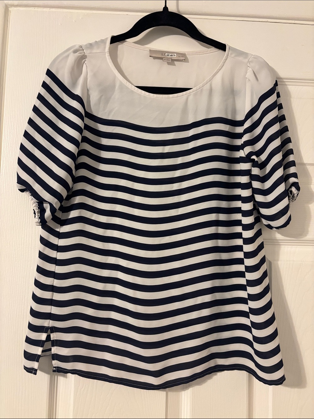 LOFT Navy and White Striped Short Sleeve Blouse